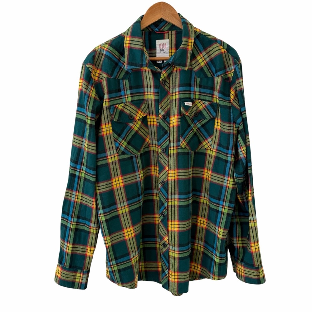Topo Designs Mountain Flannel Button Up Shirt Mens XL Green Plaid Hike